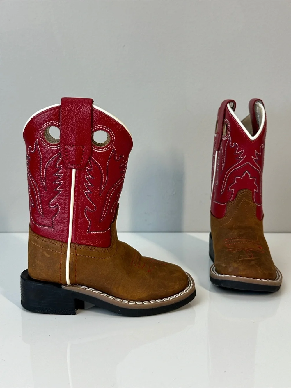 Old West Red Kids Distress Leather Broad Square Toe Cowboy Boots Size 4 Western